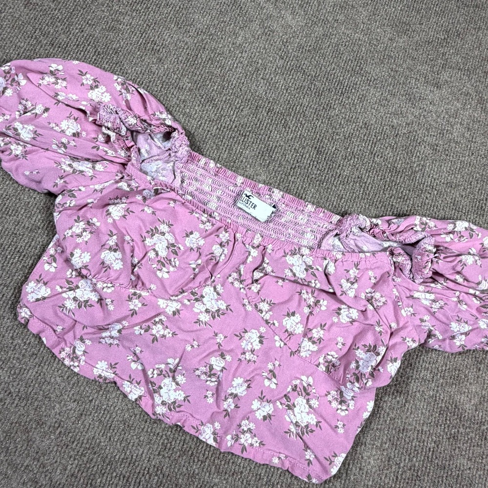 Hollister Crop Top Womens Medium Pink Floral Smocked Bodice Puff Sleeve Pullover
